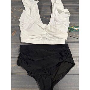 Two-Piece White Ruffle Swim Top & High-Waisted Black Bikini Bottoms  by BMJL - S